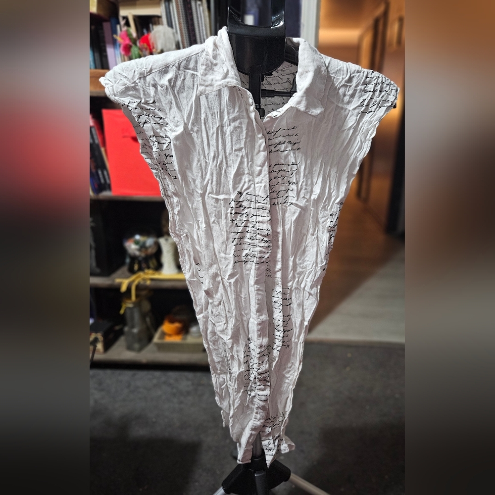 Thread Story White Button Down with Black Script 3-1008